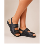 Sandale dama negre din piele naturala cu talpa joasa si inchidere velcro CLP09N